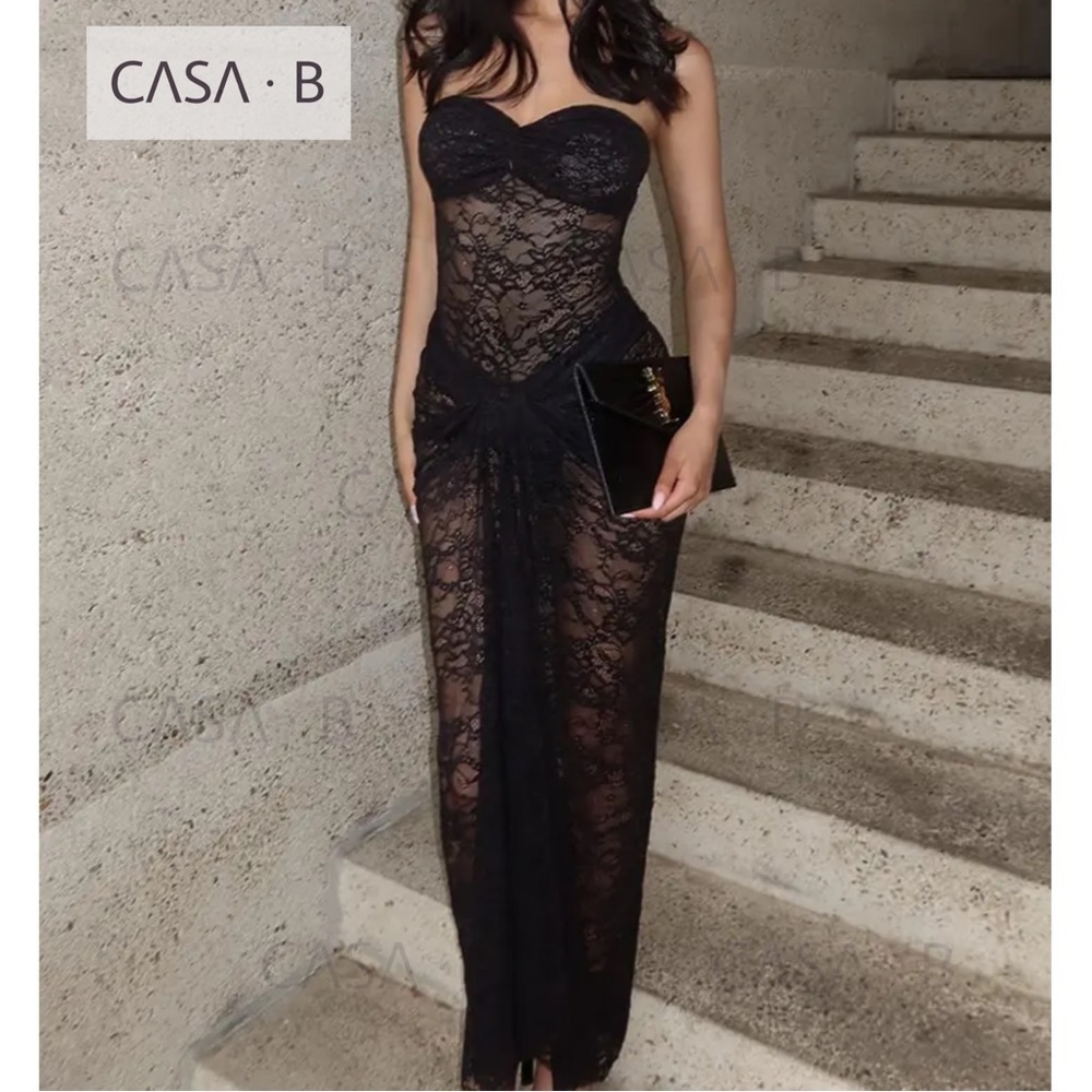 NEW to CASA B💫 Theresa Twist-Front Strapless See Through Dress in Black Lace